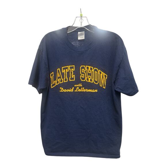 Vintage Late Show With David Letterman Logo Large Navy Gold T-Shirt Retro TV - Picture 1 of 3